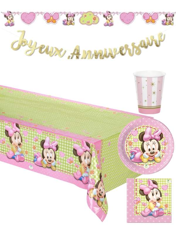 HappyPastel.es Pack decoración cumpleaños 1 año niña bebé Minnie Disney - 1