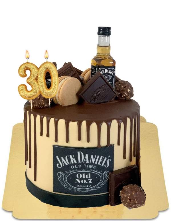 HappyPastel.es Pastel de Jack Daniels con efecto de goteo con macarrones (no se incluye una mini botella de Jack Daniels) vegano