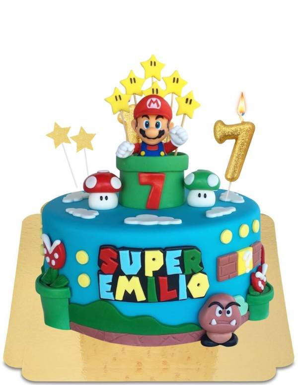 HappyPastel.es Pastel de Mario con figurita y decoración de pasta de azúcar vegana, sin gluten - 47